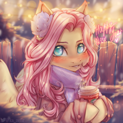 Size: 3000x3000 | Tagged: safe, artist:zefirka, fluttershy, pegasus, pony, g4, blushing, cheek fluff, clothes, coat, coffee cup, colored pupils, cup, cute, earmuffs, fence, grin, happy new year, happy new year 2022, heart, high res, holiday, hoof hold, looking at you, new year, scarf, shyabetes, smiling, snow, snowfall, solo, speedpaint, starbucks, winter