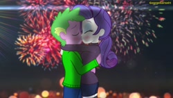 Size: 2048x1152 | Tagged: safe, artist:georgegarza01, rarity, spike, human, equestria girls, g4, blushing, clothes, duo, eyes closed, female, fireworks, happy new year, happy new year 2022, holiday, human spike, kiss on the lips, kissing, male, ship:sparity, shipping, shorts, socks, straight, thigh highs