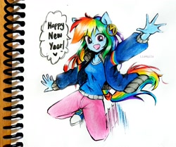 Size: 3625x3024 | Tagged: safe, artist:liaaqila, rainbow dash, dance magic, equestria girls, spoiler:eqg specials, converse, happy new year, high res, holiday, looking at you, ponied up, shoes, simple background, sneakers, solo, speech bubble, traditional art, watercolor painting, white background