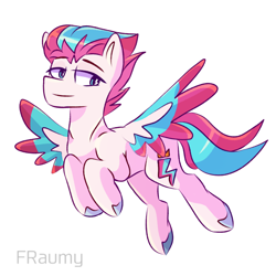 Size: 1280x1280 | Tagged: safe, artist:fraumflug, zipp storm, pegasus, pony, g5, my little pony: a new generation, eyebrows, eyebrows visible through hair, female, lidded eyes, mare, signature, simple background, smiling, smirk, solo, spread wings, white background, wings