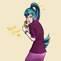 Size: 3508x3508 | Tagged: safe, artist:guyser3, sonata dusk, human, equestria girls, g4, female, food, high res, human coloration, looking back, simple background, solo, sonataco, taco, that girl sure loves tacos, that siren sure does love tacos, yellow background