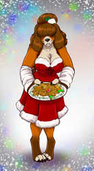 Size: 1382x2529 | Tagged: safe, artist:blackblood-queen, oc, oc only, diamond dog, anthro, digitigrade anthro, anthro oc, blushing, breasts, christmas, cleavage, clothes, commission, cookie, diamond dog oc, digital art, female, food, hair bun, hair over eyes, hearth's warming, holiday, holly, tray