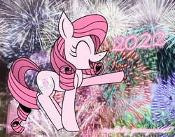 Size: 2376x1866 | Tagged: safe, artist:muhammad yunus, oc, oc only, oc:annisa trihapsari, earth pony, pony, eyes closed, female, fireworks, happy new year, holiday, mare, medibang paint, open mouth, solo