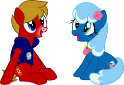 Size: 2500x1723 | Tagged: safe, artist:pilot231, oc, oc only, oc:max mustang, oc:sea foam ep, earth pony, pony, 2022 community collab, derpibooru, derpibooru community collaboration, armor node, clothes, female, flower on ear, lei, looking up, magic pearl, male, mare, meta, simple background, sitting, snow tip nose, stallion, transparent background, vector, vest