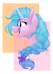 Size: 3102x4330 | Tagged: safe, artist:feather_bloom, izzy moonbow, pony, unicorn, g5, my little pony: a new generation, bow, braid, glasses, hair, messy hair, messy mane, shading, side view, solo