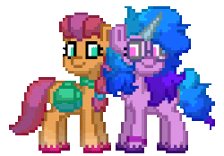 Size: 304x211 | Tagged: safe, artist:feather_bloom, izzy moonbow, sunny starscout, earth pony, pony, unicorn, pony town, g5, my little pony: a new generation, animated, bag, duo, female, gif, glasses, hug, loop, perfect loop, pixel art, saddle bag, simple background, transparent background