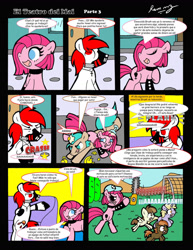Size: 1024x1327 | Tagged: safe, artist:rammzblood, button mash, dinky hooves, featherweight, pinkie pie, earth pony, pegasus, pony, unicorn, g4, bipedal, chainsaw, colt, comic, female, foal, male, mare