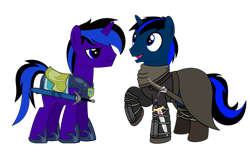 Size: 4900x2971 | Tagged: safe, artist:rd4590, edit, oc, oc only, oc:midnight star, oc:party time mentats, pony, unicorn, 2022 community collab, derpibooru community collaboration, armor, dagger, simple background, sword, transparent background, weapon