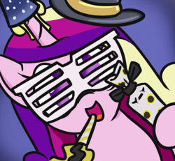 Size: 303x280 | Tagged: safe, artist:jargon scott, princess cadance, alicorn, pony, g4, close-up, female, happy new year, hat, hi anon, holiday, looking at you, mare, meme, party hat, party horn, party popper, shutter shades, smiling, smiling at you, solo, sunglasses