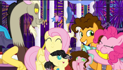 Size: 708x405 | Tagged: safe, edit, editor:daughteroffluttercord, vector edit, cheese sandwich, discord, fluttershy, pinkie pie, oc, hybrid, g4, female, filly, fireworks, foal, happy new year, holiday, interspecies offspring, male, new year, offspring, parent:cheese sandwich, parent:discord, parent:fluttershy, parent:pinkie pie, parents:cheesepie, parents:discoshy, party horn, ship:cheesepie, ship:discoshy, shipping, straight, vector