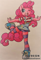 Size: 1024x1512 | Tagged: safe, artist:shadowhawx, pinkie pie, earth pony, anthro, plantigrade anthro, g4, clothes, converse, denim skirt, female, one eye closed, open mouth, open smile, shirt, shoes, skirt, smiling, sneakers, solo, striped shirt