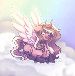 Size: 2572x2609 | Tagged: safe, artist:angie imagines, oc, oc only, oc:revnie, alicorn, pony, chest fluff, choker, clothes, cloud, female, fluffy, glowing, glowing wings, heterochromia, high res, lace, lying down, lying on a cloud, multicolored hair, on a cloud, shiny, simple background, socks, solo, spread wings, wings