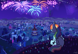 Size: 2965x2048 | Tagged: safe, artist:moccabliss, rainbow dash, pegasus, pony, g4, 2021, canterlot, female, fireworks, high res, mare, night, ponyville, ponyville town hall, scenery, solo, stars, text