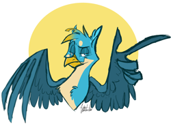 Size: 4934x3644 | Tagged: safe, artist:burnin-dove, artist:g-elric, gallus, griffon, g4, bust, feather fingers, finger gun, male, smug, solo, wing hands, wings
