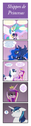 Size: 704x2792 | Tagged: safe, artist:crydius, edit, editor:enrique zx, princess cadance, princess celestia, princess luna, shining armor, twilight sparkle, alicorn, pony, unicorn, g4, comic, crown, female, floppy ears, he knows, horseshoes, infidelity, jewelry, lesbian, male, mare, peytral, princess yandance, question mark, realization, regalia, royal sisters, scared, ship:twidance, ship:twilestia, ship:twiluna, shipping, show accurate, siblings, sisters, spanish, spanish text, spread wings, stallion, sudden realization, translation, translator:enrique zx, twilight sparkle (alicorn), twilight sparkle gets all the mares, wings, yandere