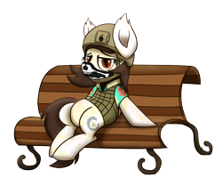 Size: 2500x2000 | Tagged: safe, artist:memeancholy, oc, oc only, oc:mocha moonpie, bat pony, bench, helmet, high res, mask, simple background, solo, transparent background