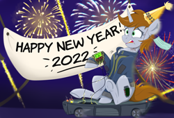 Size: 3300x2250 | Tagged: safe, artist:rutkotka, oc, oc only, oc:littlepip, pony, unicorn, fallout equestria, 2022, clothes, commission, female, fireworks, happy new year, happy new year 2022, hat, high res, holiday, mare, new year, party hat, solo