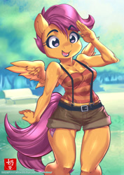 Size: 2480x3508 | Tagged: safe, artist:the-nai, scootaloo, pegasus, anthro, g4, clothes, female, high res, salute, shorts, solo, suspenders, thigh gap