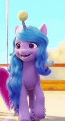 Size: 267x498 | Tagged: safe, screencap, izzy moonbow, pony, unicorn, g5, my little pony: a new generation, spoiler:my little pony: a new generation, animated, ball, bracelet, cute, female, gif, horn, hornball, izzy's tennis ball, izzybetes, jewelry, mare, one eye closed, solo, tennis ball, wink