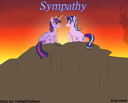 Size: 2800x2250 | Tagged: safe, artist:zadrex, starlight glimmer, twilight sparkle, alicorn, pony, unicorn, fanfic:sympathy, g4, castle, duo, fanfic, fanfic art, fanfic cover, female, high res, hill, lesbian, ship:twistarlight, shipping, sunset, twilight sparkle (alicorn)