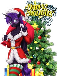 Size: 1220x1618 | Tagged: safe, artist:vasillium, oc, oc only, oc:nyx, alicorn, anthro, unguligrade anthro, accessory, alicorn oc, bag, belt, belt buckle, breasts, christmas, christmas ball, christmas decoration, christmas lights, christmas ponies, christmas presents, christmas star, christmas stocking, christmas tree, cleavage, closed mouth, clothes, costume, dress, eyebrows, eyelashes, eyes open, female, glasses, happy, happy holidays, happy new year, hat, holiday, horn, looking at you, mare, nostrils, older, older nyx, present, princess, royalty, santa costume, santa hat, simple background, smiling, socks, solo, standing, stockings, striped socks, text, thigh highs, transparent background, tree, wall of tags, wings
