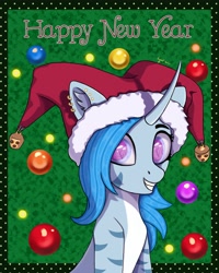 Size: 2700x3375 | Tagged: safe, artist:ingolf arts, oc, oc only, oc:pearl wave, original species, pony, shark, shark pony, unicorn, bust, christmas, clothes, cute, female, fish tail, grin, hat, high res, holiday, horn, looking at you, mare, new year, ocbetes, santa hat, simple background, smiling, smiling at you, solo