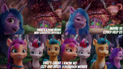 Size: 1280x720 | Tagged: safe, edit, edited screencap, editor:quoterific, screencap, hitch trailblazer, izzy moonbow, pipp petals, sunny starscout, zipp storm, earth pony, pegasus, pony, unicorn, g5, my little pony: a new generation, spoiler:my little pony: a new generation, fake horn, female, male, mane five, mare, open mouth, open smile, smiling, stallion