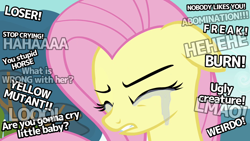 Size: 1280x720 | Tagged: safe, edit, edited screencap, screencap, fluttershy, pegasus, pony, g4, hurricane fluttershy, season 2, abuse, caption, crying, ears back, eyes closed, female, flutterbuse, gritted teeth, mare, op is a duck, pink mane, sad, solo, text