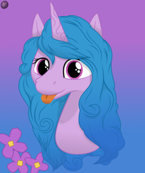 Size: 2512x3000 | Tagged: safe, artist:terminalhash, izzy moonbow, pony, unicorn, g5, my little pony: a new generation, bust, flower, gradient background, high res, lilac (flower), mlem, portrait, silly, solo, tongue out, vector