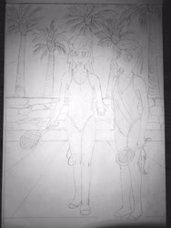 Size: 3072x4096 | Tagged: safe, artist:mildgyth, derpibooru exclusive, apple bloom, scootaloo, earth pony, anthro, plantigrade anthro, g4, ball badminton, clothes, hoof feet, missing accessory, monochrome, one-piece swimsuit, palm tree, racquet, sketch, swimsuit, traditional art, tree