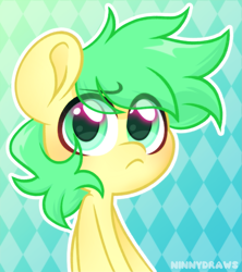 Size: 1553x1745 | Tagged: safe, artist:ninnydraws, oc, oc only, oc:sourspot, earth pony, pony, abstract background, earth pony oc, frown, male, solo