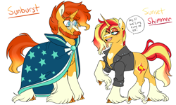 Size: 5000x3000 | Tagged: safe, artist:gingygin, sunburst, sunset shimmer, pony, unicorn, g4, beard, brother and sister, clothes, cloven hooves, duo, facial hair, female, jacket, leather jacket, male, older, older sunburst, raised hoof, siblings, simple background, sunny siblings, unshorn fetlocks, white background