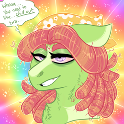 Size: 3000x3000 | Tagged: safe, artist:gingygin, tree hugger, earth pony, pony, g4, bloodshot eyes, bust, chest fluff, female, high, high res, solo, speech bubble, stoned