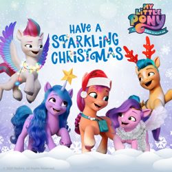 Size: 1080x1080 | Tagged: safe, hitch trailblazer, izzy moonbow, pipp petals, sunny starscout, zipp storm, earth pony, pegasus, pony, unicorn, g5, my little pony: a new generation, official, bad, badge, christmas, christmas lights, clothes, fake antlers, female, hat, holiday, izzy impaling things, male, mane five, mare, my little pony: a new generation logo, santa hat, satchel, scarf, snow, snowfall, snowflake, stallion, stock render, text