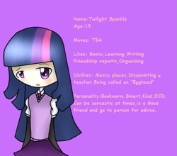 Size: 583x512 | Tagged: safe, artist:skullbow09, twilight sparkle, human, g4, female, humanized, purple background, reference sheet, simple background, solo