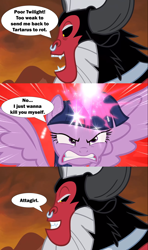 Size: 2000x3373 | Tagged: safe, edit, edited screencap, screencap, lord tirek, twilight sparkle, alicorn, centaur, pony, taur, g4, season 4, twilight's kingdom, angry, antagonist, beard, black sclera, comic, evil smile, facial hair, female, glowing, glowing horn, green goblin, grin, gritted teeth, high res, horn, horns, magic, male, mare, marvel, nose piercing, nose ring, open mouth, piercing, reference, screencap comic, septum piercing, smiling, speech bubble, spider-man, spider-man: no way home, spoilers for another series, spread wings, teeth, twilight sparkle (alicorn), twilight vs tirek, wings