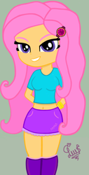 Size: 1080x2134 | Tagged: safe, artist:flutteryaylove, oc, oc:pink purple, equestria girls, g4, belly button, clothes, female, midriff, miniskirt, not fluttershy, pink hair, short shirt, simple background, skirt, smiling, solo