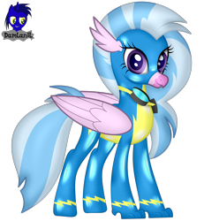Size: 3840x4154 | Tagged: safe, alternate version, artist:damlanil, silverstream, classical hippogriff, hippogriff, g4, bodysuit, clothes, costume, cute, female, goggles, happy, hippogriff wonderbolt, latex, latex suit, looking at you, mare, non-pegasus wonderbolt, rubber, shine, shiny, show accurate, simple background, solo, suit, transparent background, uniform, vector, wings, wonderbolt silverstream, wonderbolts, wonderbolts uniform