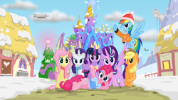 Size: 3840x2160 | Tagged: safe, artist:scifidino66, applejack, fluttershy, pinkie pie, rainbow dash, rarity, spike, starlight glimmer, twilight sparkle, alicorn, dragon, earth pony, pegasus, pony, unicorn, g4, airship, alicornified, clothes, drone, female, fire of friendship, hat, hearth's warming, high res, male, mane seven, mane six, older, older spike, ponyville, race swap, scarf, starlicorn, twilight sparkle (alicorn), twilight's castle