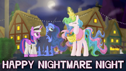 Size: 4408x2480 | Tagged: safe, artist:scifidino66, nightmare moon, princess celestia, princess luna, twilight sparkle, alicorn, pony, g4, candy, clothes, costume, donut, eyes closed, female, food, glowing, glowing horn, horn, nightmare night, royal sisters, siblings, sisters, twilight sparkle (alicorn), unamused