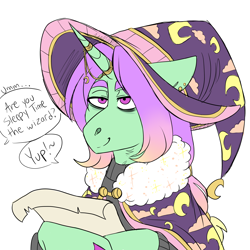 Size: 3000x3000 | Tagged: safe, artist:gingygin, oc, oc only, oc:sleepy time, pony, unicorn, bags under eyes, clothes, hat, high res, horn, horn jewelry, jewelry, offscreen character, robe, solo, wizard, wizard hat
