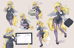 Size: 3691x2400 | Tagged: safe, artist:dstears, derpy hooves, pegasus, anthro, plantigrade anthro, adorasexy, arm behind head, ass, big breasts, blonde, blouse, blushing, breasts, bubble butt, businessmare, busty derpy hooves, butt, chart, clothes, curvy, cute, derp, derpabetes, embarrassed, eyelashes, eyes closed, floppy ears, glasses, grin, heel pop, high heels, high res, kneeling, legs, looking at you, meganekko, miniskirt, nervous, nervous grin, office, office lady, open mouth, pantyhose, paper, pencil skirt, photocopier, question mark, round glasses, secretary, sexy, shoes, side slit, skirt, skirt suit, smiling, smiling at you, spread wings, stockings, stupid sexy derpy, suit, sweat, sweatdrop, thigh highs, thighs, underp, wall of tags, wide hips, wings, yellow eyes