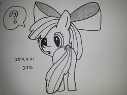 Size: 1032x774 | Tagged: safe, artist:ttpercent, apple bloom, earth pony, pony, g4, bloom butt, butt, female, filly, foal, looking back, open mouth, plot, question mark, sketch, solo