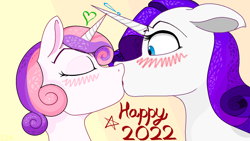 Size: 1440x810 | Tagged: safe, artist:littleiceage, rarity, sweetie belle, pony, unicorn, g4, belle sisters, blushing, female, filly, foal, happy new year, holiday, incest, kiss on the lips, kissing, lesbian, mare, ms paint, raricest, ship:raribelle, shipping, siblings, sisters, underage