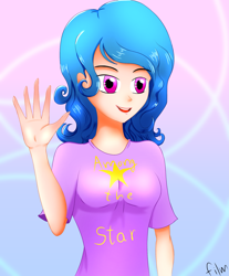 Size: 3003x3625 | Tagged: safe, artist:film77asq, izzy moonbow, human, g5, my little pony: a new generation, clothes, female, high res, humanized, open mouth, shirt, solo, waving
