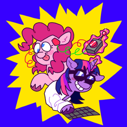 Size: 640x640 | Tagged: safe, artist:phobohobo, pinkie pie, twilight sparkle, earth pony, pony, unicorn, g4, clothes, derp, device, female, goggles, keyboard, lab coat, magic, science, wires