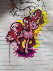 Size: 640x853 | Tagged: safe, artist:phobohobo, pinkie pie, earth pony, pony, g4, female, lined paper, looking back, raised hoof, solo, traditional art