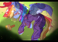 Size: 1100x800 | Tagged: safe, alternate version, artist:valkiria, rainbow dash, pegasus, pony, g4, alternate clothes, clothes, cute, dashabetes, eyes closed, female, hat, jumpsuit, mare, mechanic, paint, paintbrush, sleeping, solo