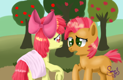 Size: 1580x1024 | Tagged: safe, artist:spokenmind93, apple bloom, babs seed, earth pony, pony, g4, one bad apple, apple, apple tree, blanket, female, filly, foal, tree