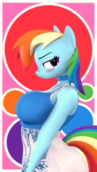 Size: 1152x2048 | Tagged: safe, artist:lazy_work_horse, rainbow dash, anthro, g4, 3d, blushing, breasts, busty rainbow dash, choker, clothes, dress, female, looking away, nose wrinkle, pink background, polka dot background, simple background, solo, source filmmaker, sundress, unamused